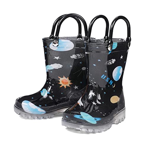 DKSUKO Toddler Light Up Rain Boots Waterprof Rubber Boots with Easy-on Handles(11 little_kid,Black Space)4