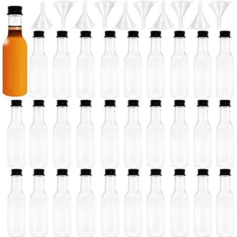 36 Pack Mini Liquor Bottles,2.4oz Airtight Plastic Spirit Bottle with Black Cap,Reusable Empty Alcohol Shot Bottles with 10 Funnels for Wedding,Party Cover