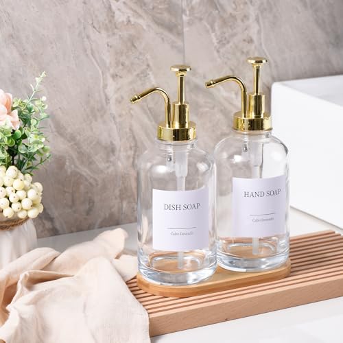 Image of Glass Soap Dispenser with Pump, Dish and Hand Soap Dispenser for Kitchen Bathroom Set, Clear Glass Dispenser Set of 2 Pack with 18 Stickers Funnel Bamboo Tray 500ml 18oz / Each Bottle Gold Pump