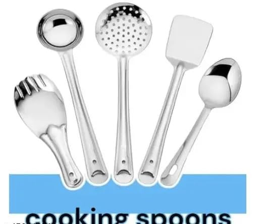 BEKNER 5 Pcs Stainless Steel Cooking Utensils Set Kitchen Gadgets Utensil Set Includes Spatula, Ladle, Skimmer, Cooking Spoon for Daily use