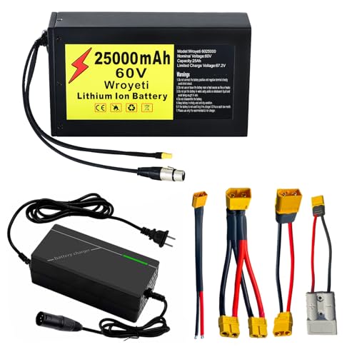 Wroyeti 60V 25Ah Electric Battery,60Volt Lithium Ion Battery with Metal Case, XT60 Extension Cord, XT90 Connector, Anderson Connector for 200-2000W Motor