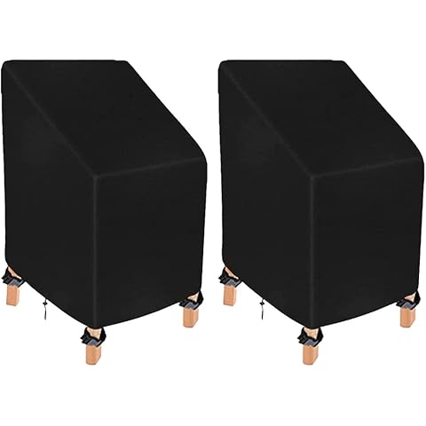 2 Pcs Patio Stacking Chair Cover Waterproof with Drawstring Reclining Garden Chair Cover Windproof Anti-UV Oxford Chair Storage Covers Black Cover