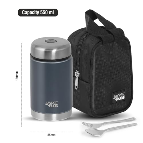 Image of Jaypee Plus Nutri Jar Stainless Steel Vacuum Insulated Food Jar With Bag & Spoon|Hot And Cold Thermal Flask|Double Wall Scratch Resistant Ideal for Office, School, Gym & Travelling| 550 ml,Bottle Grey