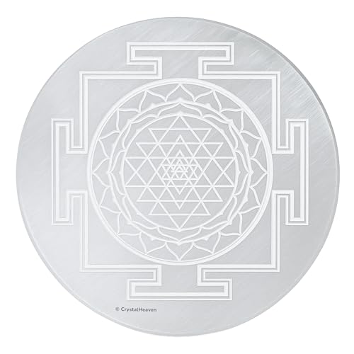 Crystal Heaven Selenite Crystal Charging Plate, 3 Inch Engraved Sri Yantra Selenite Plate For Crystal Cleansing Re-Energy Work, Meditation And Pooja (Shree Yantra)