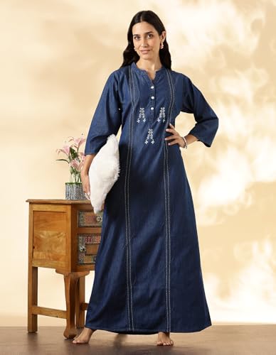 Image of 9shines Label Comfortable Cotton Denim Finish Nightdress for Women with Button Placket and Pocket(9SDLSS)