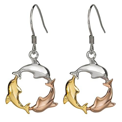14K Gold Plated Tri-Color Three Dolphin Circle of Life Dangle Earrings