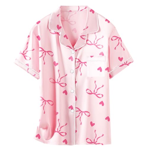Image of Schbbbta Girls Womens Pajamas, Satin Silky Pjs Set Kids 2Pcs Button-Down Nightwear Sleepwear Gift for Mommy and me