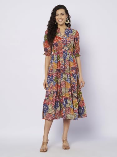 Image of PIDAVLIYA'S Women Cotton Printed Midi Dress with V Neck & Puff Sleeves | Flared A-Line Casual Summer Dress | Stylish Knee Length One Piece for Daily