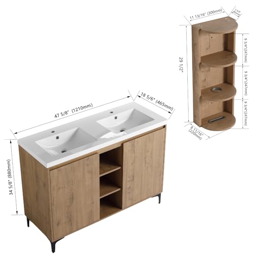 Image of Freestanding Bathroom Vanity, 48 inch Bathroom Storage Cabinet with Double Resin Sinks, 2 Soft-Close Doors & 3 Open Storage Shelves, Floor Vanity with Extra Three-Layer Spacious Shelves, Oak