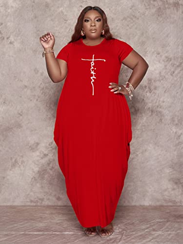 Fooullaide Women's Plus Size Faith Loose Long Dress Casual Short Sleeve Crew Neck T Shirt Baggy Tunic Oversize Dresses With Pocket #TOP4