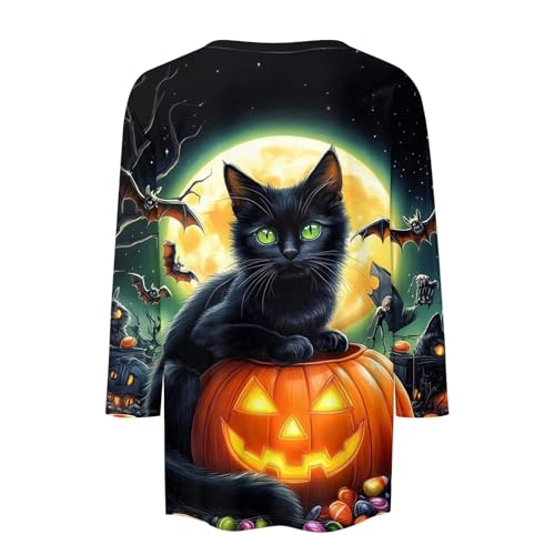 Cute Funny Halloween Shirts for Women Plus Size 3/4 Length Long Sleeve Womens Tops Witch Gothic Renaissance Shirt
