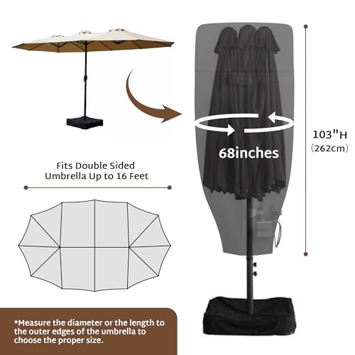 iBirdie Outdoor Patio Umbrella Cover Fits 14, 15, 16 Feet Double-Sided Umbrella, Extra Large Market, 600D Waterproof and Weatherproof with Zippers and Rod