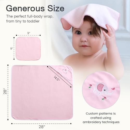 Image of Softan Baby Hooded Towels and Washcloths Set 6 Pack, 28x28 Ultra Soft & Absorbent Baby Bath Towels for Newborn Infant Toddler, Unisex Boys Girls (Pink Elephant)