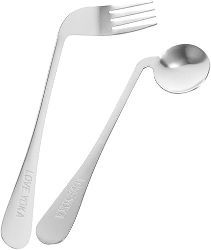 FOMIYES Juego de 2 cubiertos en ángulo para zurdos, tenedor y cuchara adaptables para agarre limitado o débil, para alimentación independiente