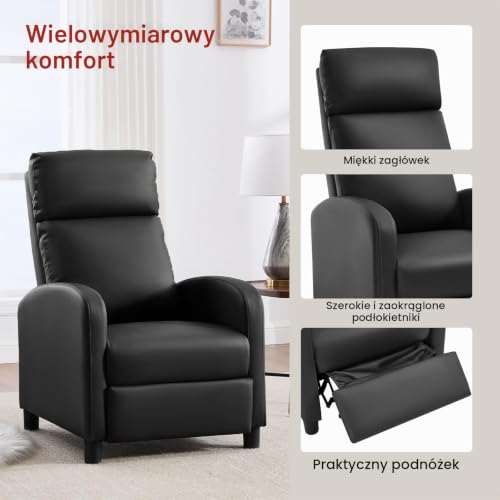 WOLTU fotel relaksacyjny, z funkcją leżenia i spania, z hockerem, regulowany, do salonu i sypialni, tapicerowany, 89 x 102 x 65,5 cm, skóra syntetyczna, kolor czarny