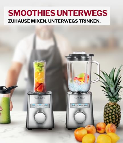 Turmix Standmixer hochleistungsmixer CX 750 – 1000 W, 6-flügliges Edelstahlmesser, Smoothie Maker & Mixer Glas 1,5 L, To-Go-Becher, stufenlos & Pulsfunktion, für Smoothies, Eis & Säfte