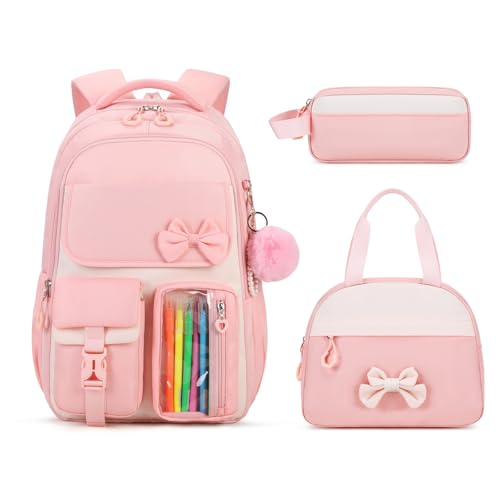 ASKSKY Mochila para meninas, mochila escolar para meninas, linda bolsa de livros infantil para grils, crianças e adolescentes para o ensino fundamental e médio, Rosa - 3 peças