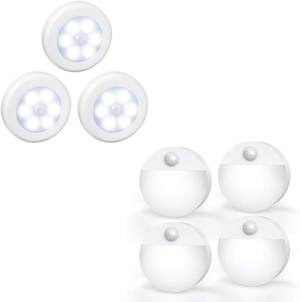 AMIR Home Lighting Solutions Bundle: Motion Sensor Lights (Pack of 3) + Mini Motion Sensor Light (Pack of 4 - White)