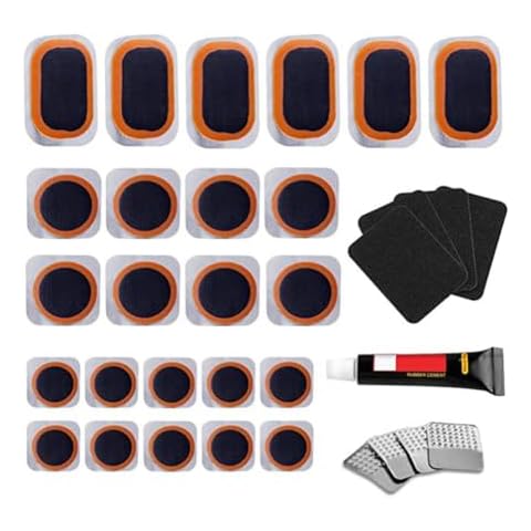 Jkapagzy Bike Tire Repair Kits,Bicycle Inner Tube Puncture Patch Kits,Bike Inner Tire Patch Repair Kit,24 PCS Vulcanizing Patches,Metal Rasp, for Inflatable Dinghies, ATVs, BMX and Motorcycles Cover