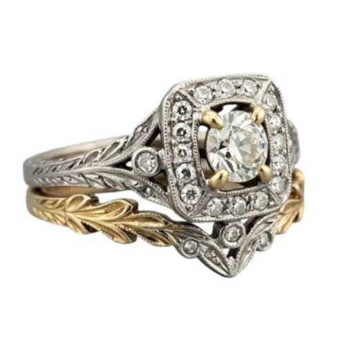 Ssjewel 2 Ct Round Diamond Vintage Leaf Style Filigree Engagement Ring Set For Women 14K Gold Plated Floral Leaf Band Antique Bridal Promise Ring 925 Sterling Silver Handmade Nature Inspired Jewelry