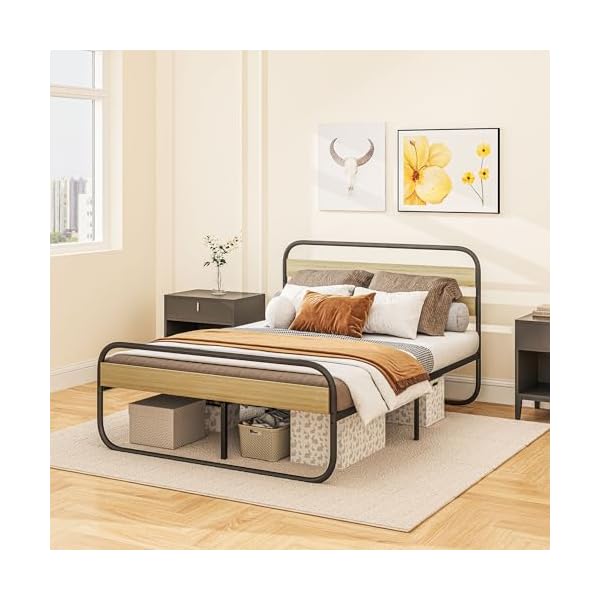 HOMCOM Cadre de lit Double 140 x 190 cm lit 2 Personnes Style Industriel avec Rangement, sommier, tête et Pied - Montage Facile, en Bois et Acier, Aspect Bois