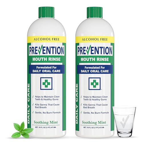 Prevention Daily Care Alcohol-Free Mouthwash, Hydrogen Peroxide Teeth Whitening with Soothing Fresh Mint for Bad Breath Treatment, Fluoride-Free Gum Care Oral Mouth Rinse 16 oz 2 Pack