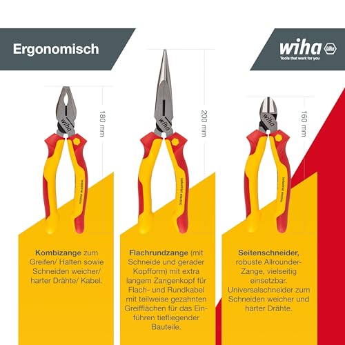 Wiha Pliers Set for Electricians (38637) 3-Piece I Universal Combination Pliers 180 mm + Flat Nose Pliers 200 mm + Side Cutters 160 mm I Pliers Set Electric VDE