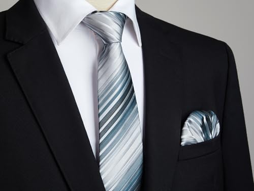 Image of Enlision Mens Ties Stripe Tie and Pocket Square Set Classic Formal Woven Neckties Handkerchief Cufflinks Wedding