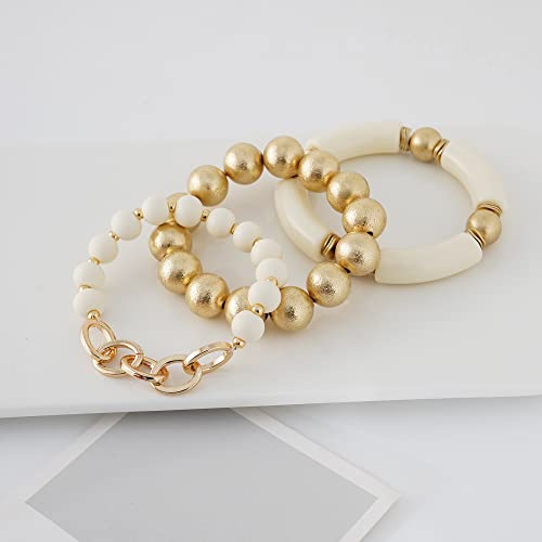 Gold Plated Beaded Acrylic Bamboo Tube Bangle Bracelets for Women, Colorful Chunky Curved Tube With Gold Pieces Beads Stretch Bracelet Friendship Summer Beach Jewelry2