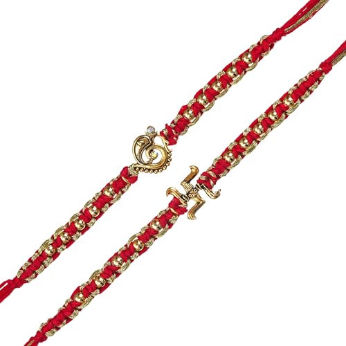 Image of eCraftIndia Om Lord Ganesha Swastika Rakhi Set of 2 | Rakhi for Brother Bhaiya Bhai with Best Bro Ever Fridge Magnet | Roli Chawal Pack