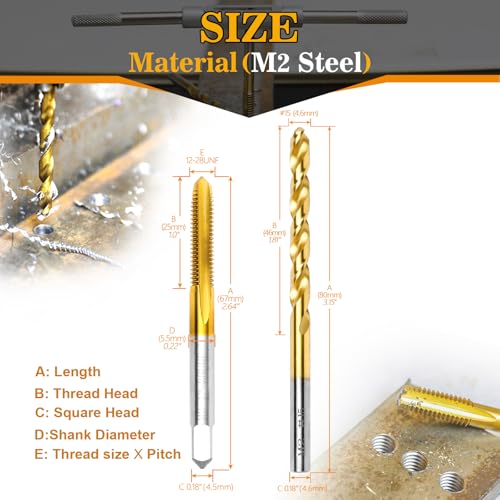 Image of 12-28 UNF Tap and #15 Drill Bit Kit, M2 HSS Drill and Tap Set, Combination of Drill and Tap Kit for Metal