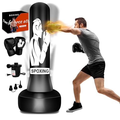 Spoxing Saco de boxeo pesado independiente de 70 pulgadas con soporte ajustable, perfecto para boxeo, artes marciales mixtas, muay thai, karate y entrenamiento de fitness para adultos, hombres,