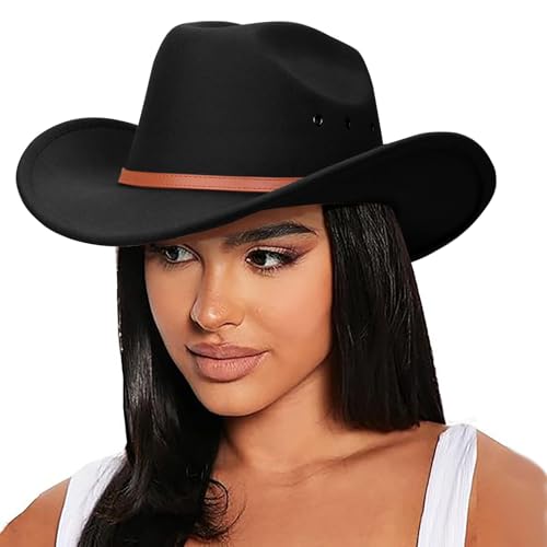 Image of DRESHOW Cowboy Hat for Women and Men Western Felt Cowboy Cowgirl Hat Wide Brim Belt Buckle Retro Fedora Hats Unisex Caps