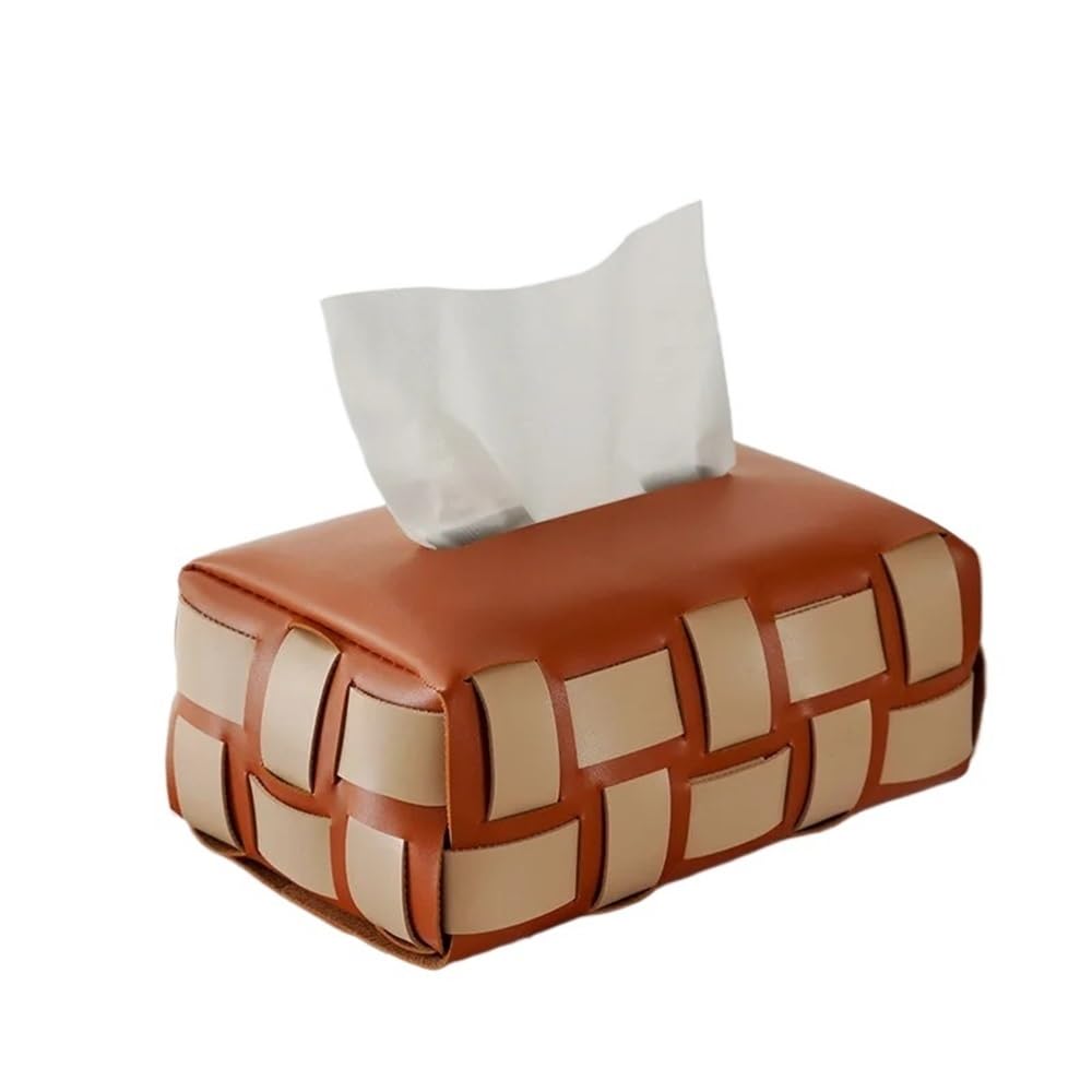 Tissue Case Tissue Box Checkered Woven Leather Paper Living Room Table Bedroom Organiser Tissue Dispenser(Bruin)
