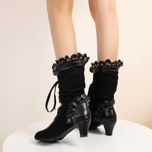Ruffles Bow Victorian Boots for Women Block Heel Lace up Mid Calf Boots 5