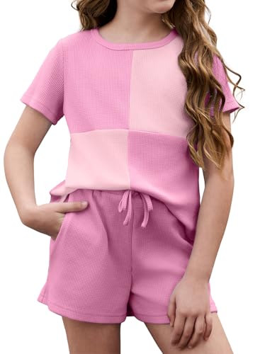 blibean Tween Girls Summer Clothes Set Big Kids Short Sleeve Waffle Shirt Shorts Outfits Cute Two Piece Colorblock Textured Knit Tops Vacation Pockets Rompers Size 10-11 Years Old Hot Pink