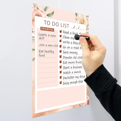 Image of AccuPrints A4 Floral to-Do List Notepad with Priority Section (23x30cm) or 9x12 inch with Magnetic Marker Pen - Dry Erase Flexible Writing Film for Kitchen Fridge /Office Godrej /Metal Wardrobe