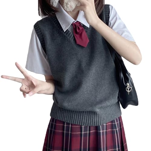 [Foravana] スクールベスト 女子 学生 制服 ニット Vネック ニットベスト チョッキ オールシーズン 綿100% ノースリーブ 通学用 無地 ゆったり キッズ 男女兼用 春夏 秋冬 （L・ダックグレー）（Amazon）