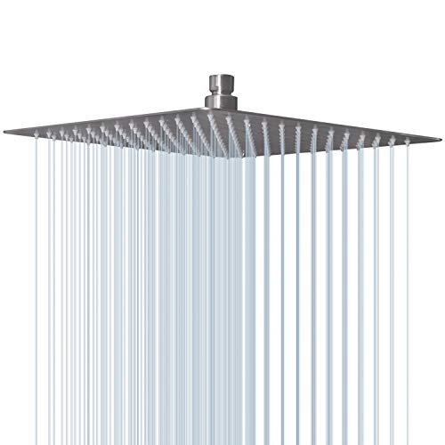 EMBATHER 12 Inches Large Square Rain Shower Head, Stainless Steel High Pressure ShowerHead with Brushed Nickel Finished, Ultra Thin Waterfall Full Body Coverage with Silicone Nozzle Easy to Clean