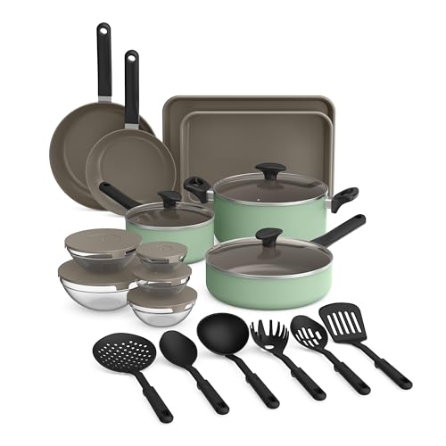 bella 21 Piece Kitchen Set with EverGood™ Ceramic Nonstick Coating, Dishwasher & Oven Safe, All Stovetops Compatible, Tempered Glass Lids & Cool Touch Handles, Seaglass