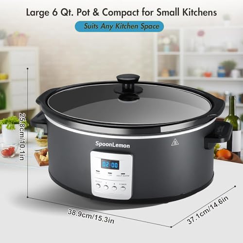SpoonLemon 7QT Electric Slow Cooker with Digital Timer, 20H Programmable & 3 Heat Settings, Oval Ceramic Pot, Large Capacity for Family Dinner, Meal Prep, Compatible with 30 pcs 13\"x21\" Cooking Liners