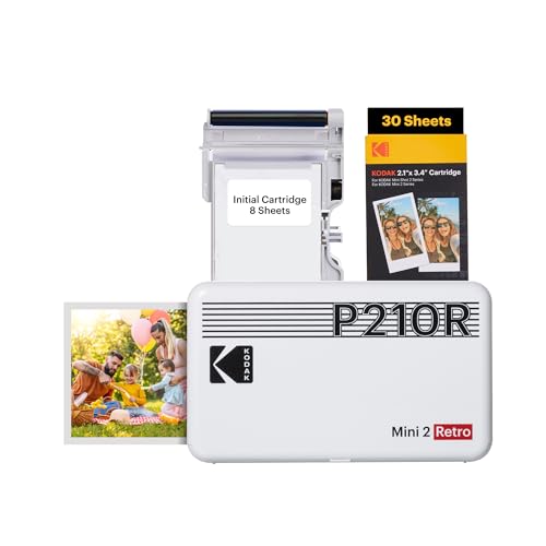 KODAK Mini 2 Retro 4PASS Stampante Fotografica Portatile (5.3x8.6cm) + Pacchetto con 38 Fogli, Bianco
