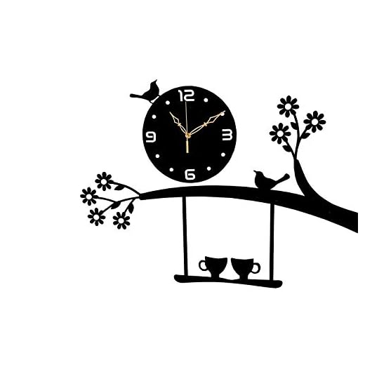 jb enterprise 3D Acrylic Wall Clock Tree Bird Coffee Cup On Jhula Design for Living Room, Bedroom Wall, Home and Office - Black