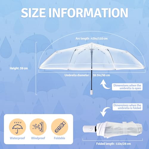 Blomise 2 PCS Clear Umbrellas for Wedding, Auto Open Transparent See Through Umbrella, Compact Travel Umbrella, Portable Folding Umbrellas for Bride Groom Guest Photographer Windproof Rainproof