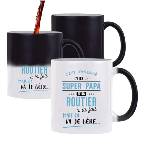 Otshirt Mug Magique Tasse Magique Super Papa et Routier | Mug qui change couleur avec la chaleur | Idée Cadeau Père Transport Camion Humour Original Anniversaire Noël Fête des Pères