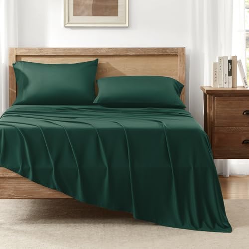 Andency Queen Sheets Set, 100% Viscose Derived from Bamboo, Cooling Summer Bed Sheets Queen Size, Deep Pocket Up to 16", Silky Soft Sheets, Hotel Bedding Sheets & Pillowcases, Dark Emerald Green - Thumbnail 2
