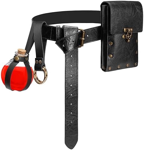 Geebuzz Set Di 4 Accessori Rinascimentali: Marsupio In PU, Bottiglia Di Vetro Con Tappo In Sughero (250 Ml), Cintura In Pelle Regolabile (128 Cm) E Gonna Da Escursionista, Per Costumi Medievali E Cosplay Halloween, Nero