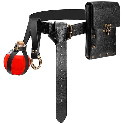 Geebuzz Juego de 4 piezas de cinturón renacentista, bolsa de corcho, botella de poción, falda, senderismo, accesorios de disfraz medieval para Halloween, Black, Talla única, moderno