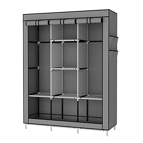 Udear Portable Wardrobe Closet Clothes Organizer No-Woven Fabric Cover With 6 Storage Shelves, 2 Hanging Sections And 4 Side Pockets，Grey #TOP2