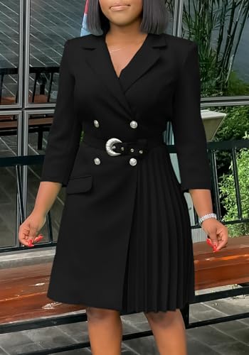 Women's Lapel Neck Double Breasted Blazer Dress Business Elegant 3/4 Sleeve Pleated Midi Dress with Belt2